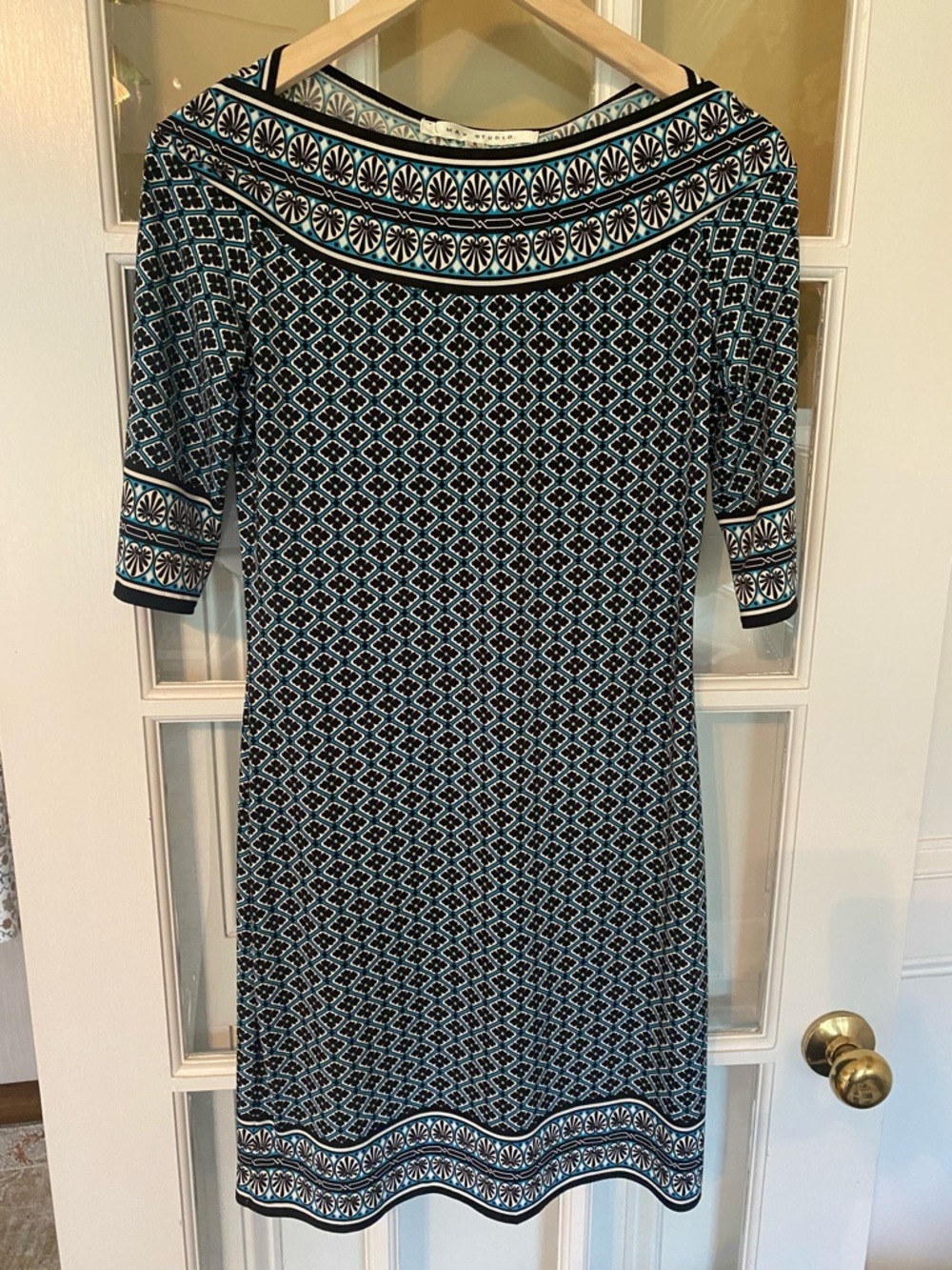 Max Studio Teal, Black and White Geometric Boatneck Midi Dress